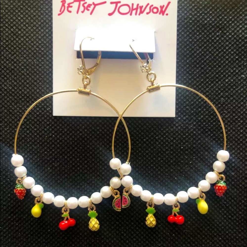Betsey Johnson Forbidden Fruit Hoop Earrings Fruit Charms & Faux Pearls NWT